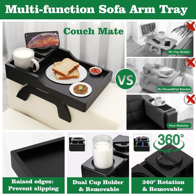 GHKINMAL Couch Cup Holder Tray, 15.4"x9.9" Large 4 in 1 Couch Arm Tray with 360°Rotated Phone Holder, Non-Slip Clip on Side Table for Drinks/Remote/Snacks, Ideal Gift for Husband, Wife, Parents - Image 3